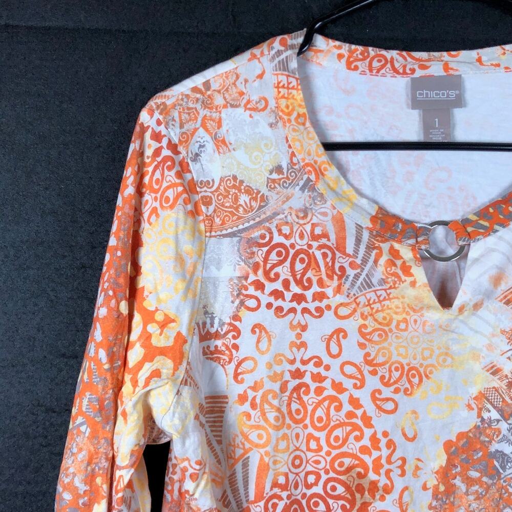 Chicos Womens Blouse Multicolored Paisley 3/4 Sleeve Front Key Hole 1 (M) - Picture 4 of 11